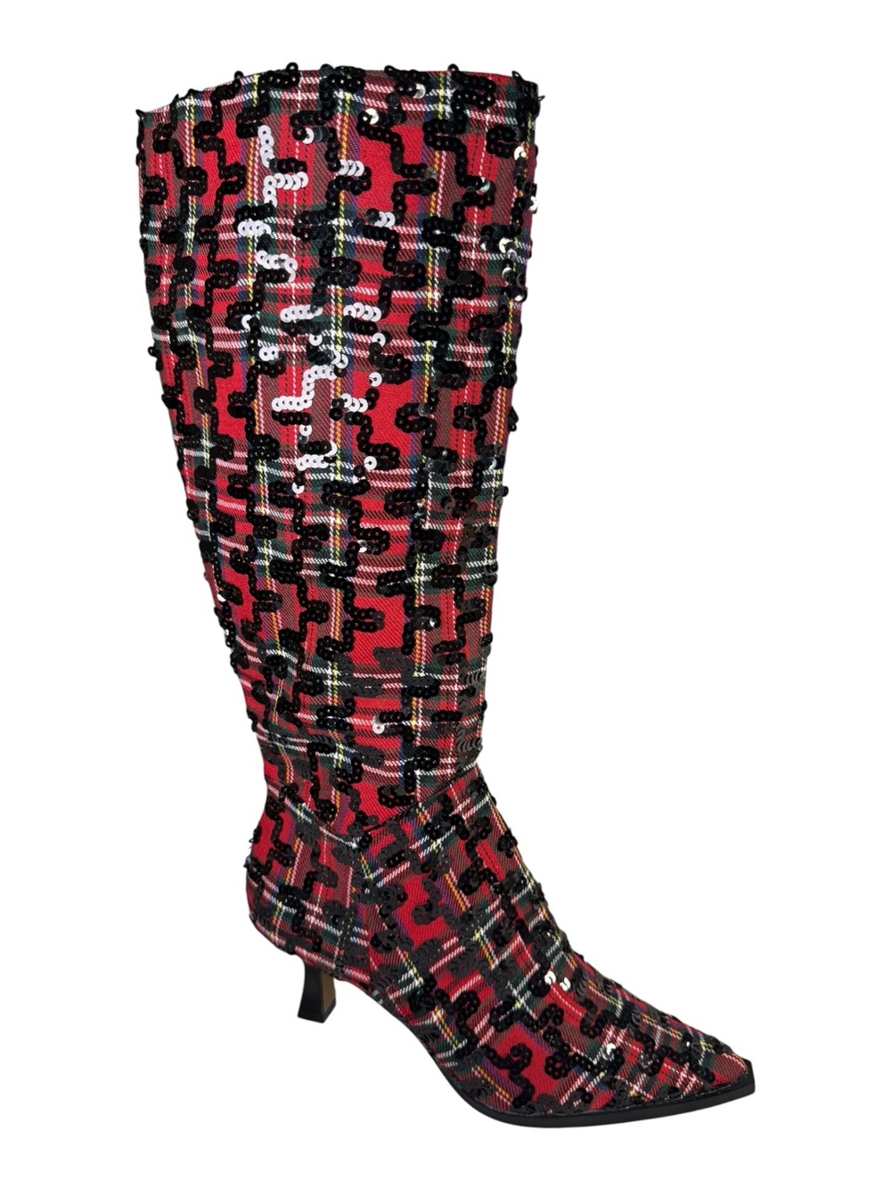 Betsey Johnson Pamella Sequin Plaid Pointed Toe Knee High Boots Red Black 10 NWT